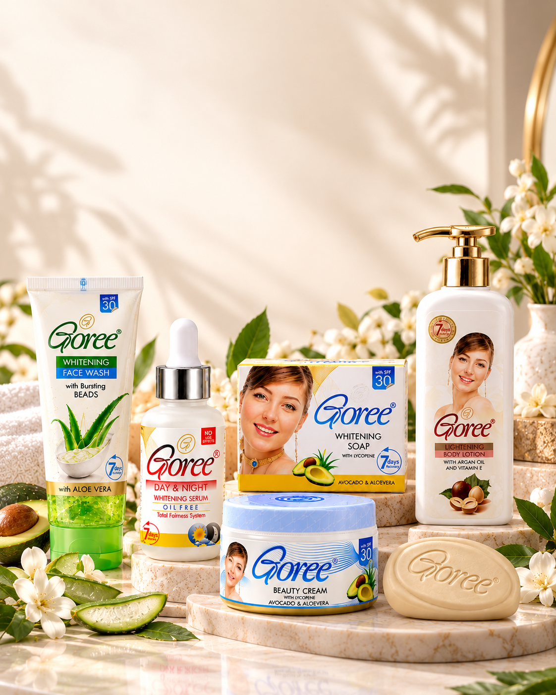 Goree skincare products arranged for a mobile beauty collection banner