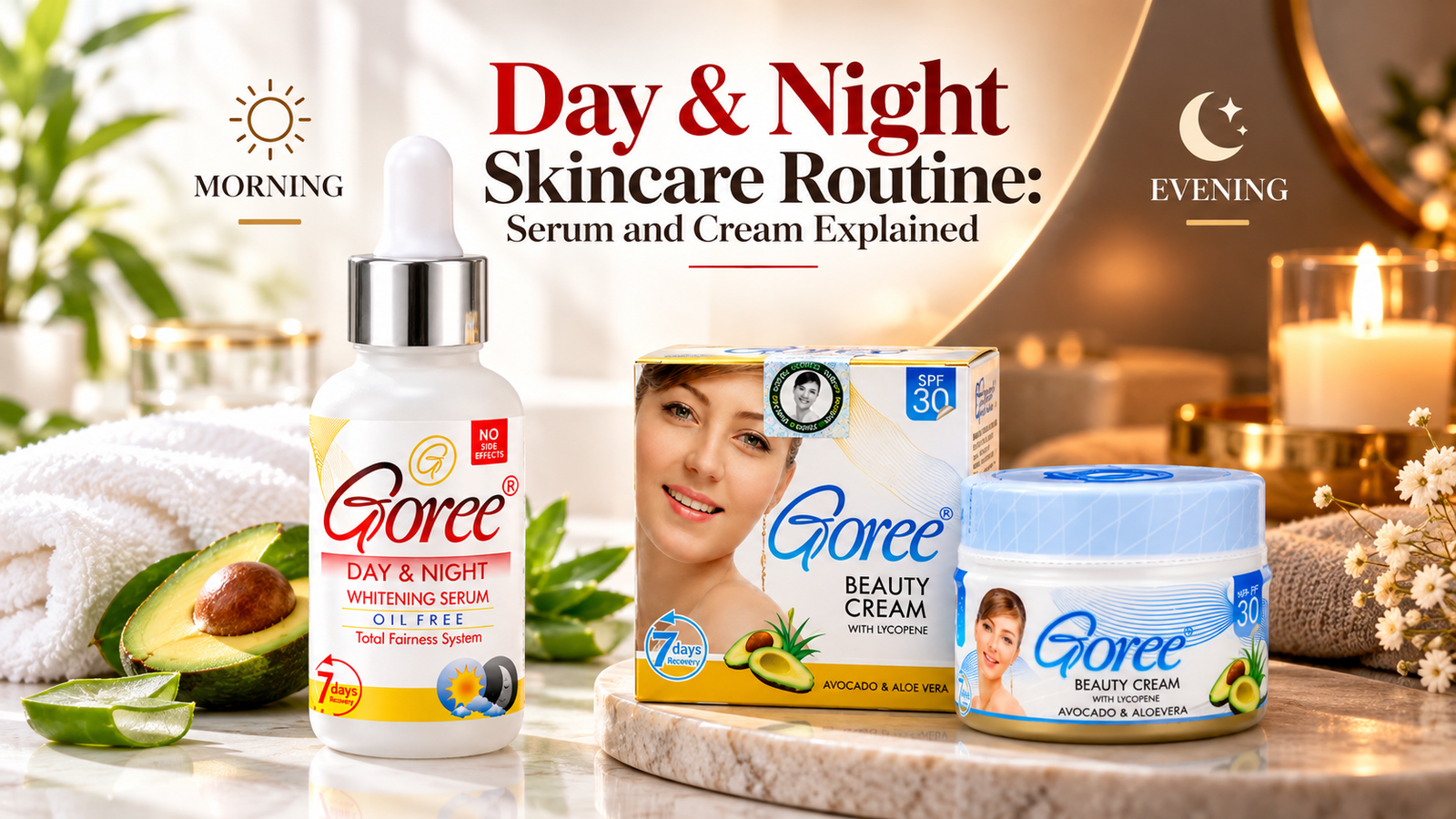 Day and night skincare routine with serum and cream