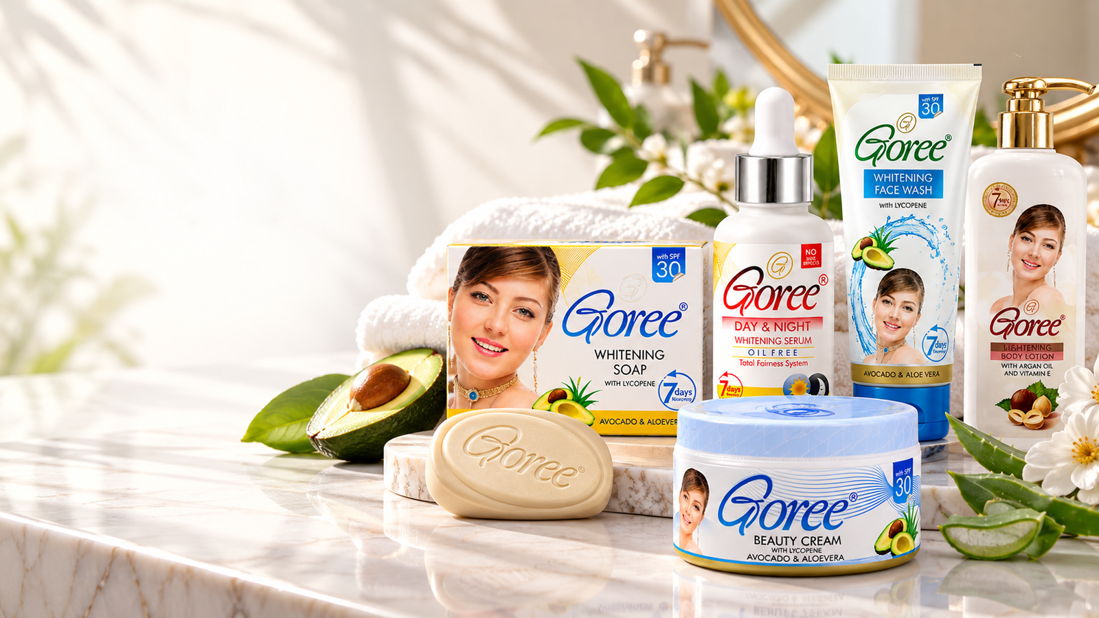 Goree beauty cream, soap, serum, face wash and body lotion collection